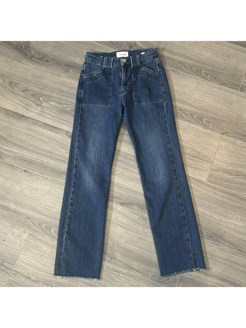 FRAME Jeans Womens 25 Le High Straight Blue High Rise Raw Hem Patch Pockets